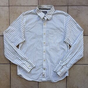 Ruehl Shirt Mens XL White Olive Striped Button‎ Up Cotton Preppy Ivy Coastal Y2K